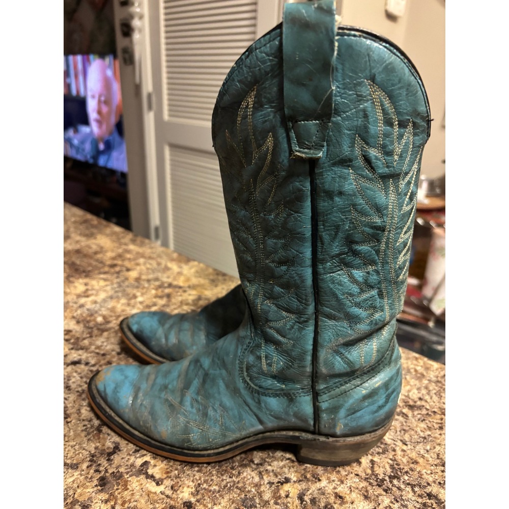 Wrangler Vintage Turquoise Blue Leather Western Cowboy Boots Womens Pointed Toe - Picture 3 of 11